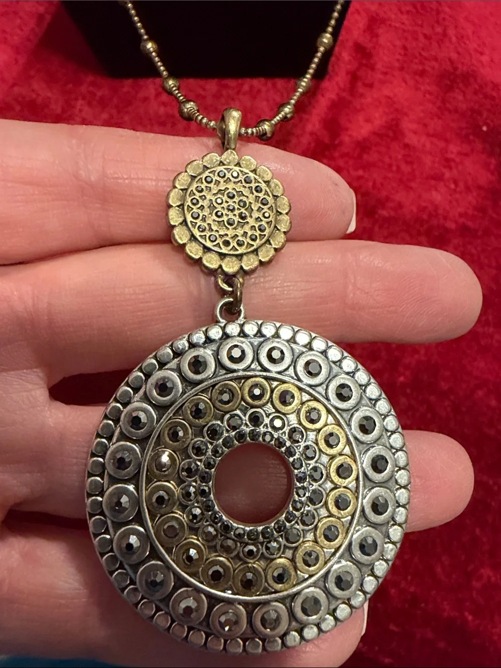 Bohemian Gold-Tone Pendant Necklace - clasp has wear but hidden behind you neck